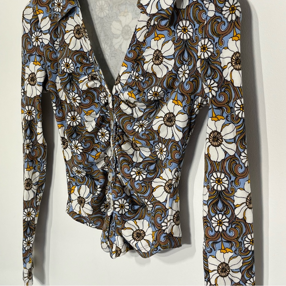Anthropologie Maeve boho 70s Vibes Top Floral Ruched Button front v-neck XXS - Picture 3 of 7
